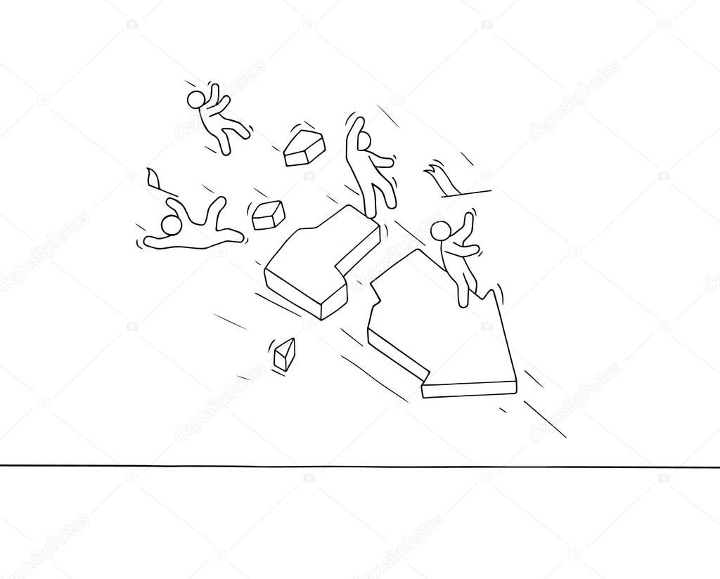 Sketch of little people with broken arrow. Doodle cute miniature scene of workers about failure. Hand drawn cartoon vector illustration for business  and finance design.
