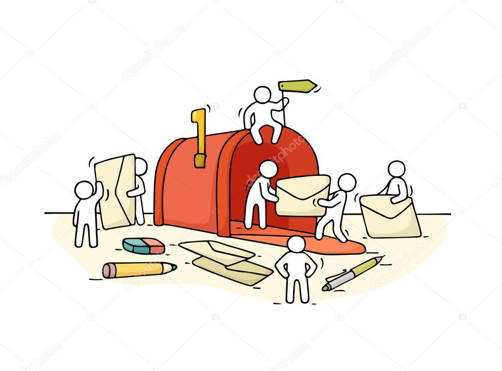 Sketch of working little people with open mailbox. Doodle cute miniature scene of workers with letters. Hand drawn cartoon vector illustration.