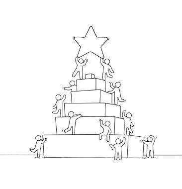 Piramitle çalışan küçük insanların çizimi. İşçilerin liderlikle ilgili şirin minyatür sahnelerini karala. İş tasarımı ve bilgi grafiği için el çizimi karikatür vektör çizimi.