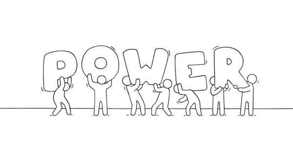 Esboço Pessoas Pequenas Trabalhadoras Com Grande Palavra Power Doodle Cena —  Vetores de Stock