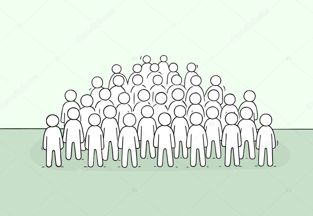 Sketch of many people standing together. Doodle cute miniature scene of big crowd. Hand drawn cartoon vector illustration for business and social design.