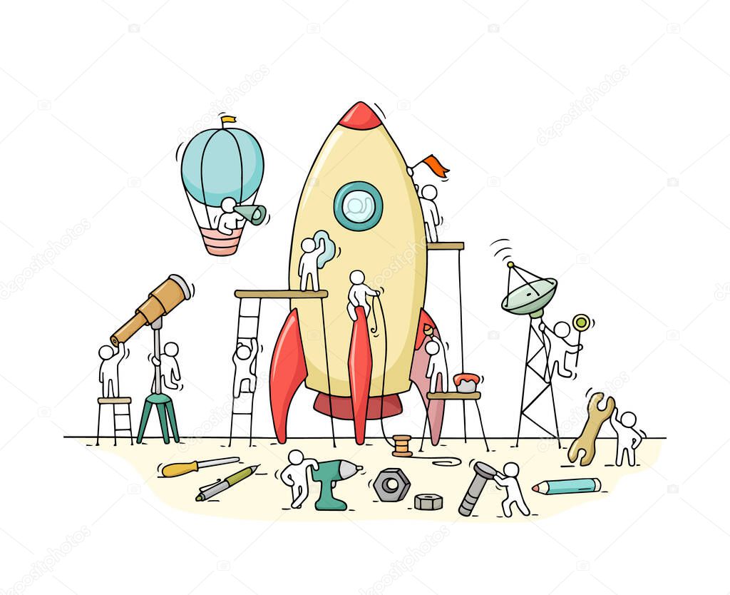 Sketch of working little people with big rocket. Doodle cute miniature scene of workers with startup concept. Hand drawn cartoon vector illustration for business design and infographic.