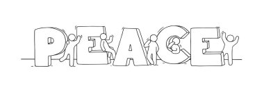 Barış sözcüğü olan küçük insanlar. Pozitif tasarım için el çizimi çizgi film vektör çizimi.