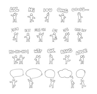 Konuşma baloncukları küçük insanlarla oluşturuluyor. Sohbet bulutları ve kelimelerle işçilerin şirin minyatür sahnelerini karala. Sosyal tasarım için el çizimi çizgi film vektör çizimi.