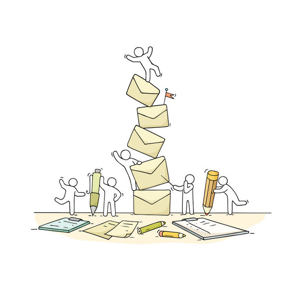 Sketch of working little people with many letters. Doodle cute miniature scene of workers about paperwork. Hand drawn cartoon vector illustration.