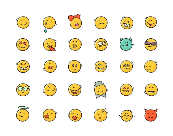 Kreslené Ikony Úsměvy Doodle Emoji Příznaky Izolované Bílém Ručně Kreslená — Stockový vektor