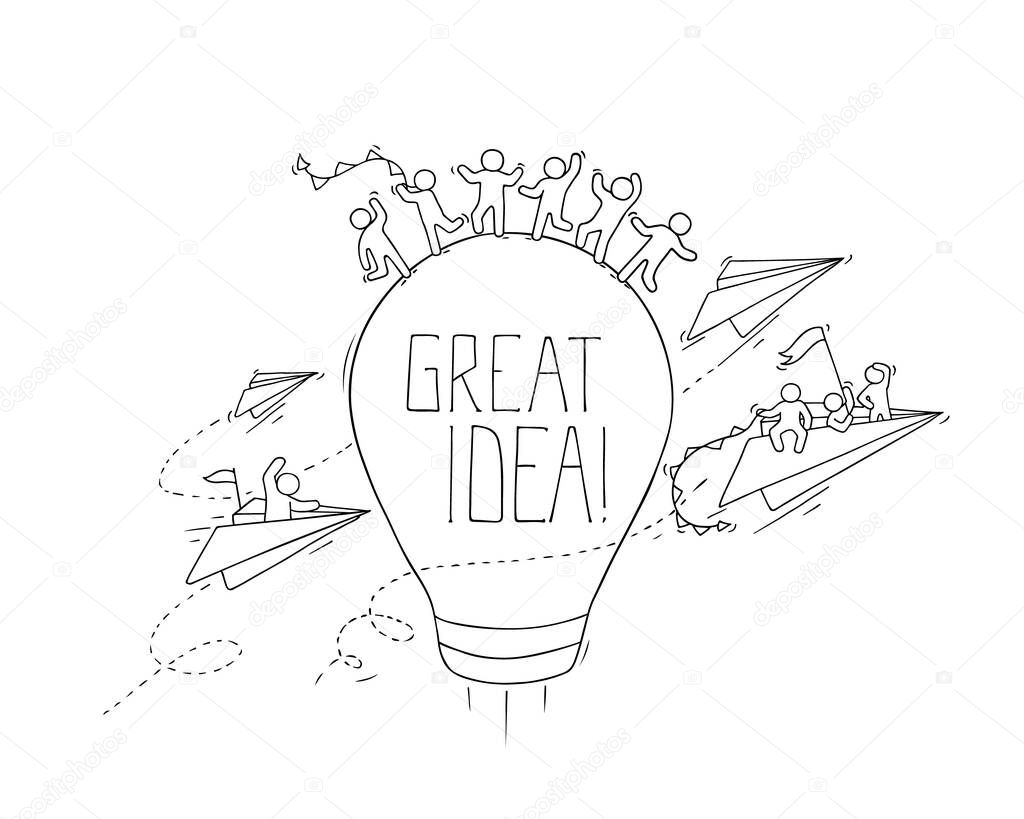 Sketch of working little creative people. Doodle cute miniature scene about Great Idea. Hand drawn cartoon vector illustration for business design and infographic.