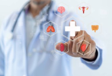 İç organ bakımı için sağlık sistemi, hastalıkların tespiti ve tedavisi için tıbbi hizmetler, kalp, böbrek, akciğer, beyin ve kanser, hastane ve sağlık sigortası, doktor muayenesi