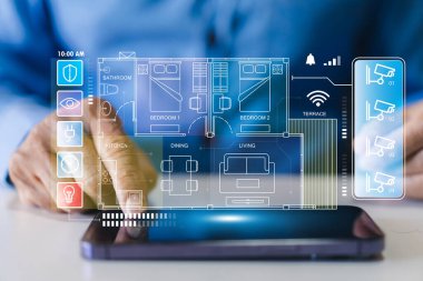 Akıllı ev telefonu üzerinde akıllı ev teknolojisi arayüzü, ev IOT kontrol paneli sıcaklık ve enerji yönetimi, modern akıllı yaşam, güvenlik, cihaz bağlantısı için kablosuz otomasyon sistemi