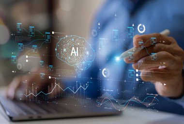 Yapay zeka sohbet robotu ve üretken akıllı sistem, robotik, derin öğrenme ağı, dijital asistan, makine öğrenme, algoritma, yenilik ve veri işleme ile Ai teknoloji kavramı