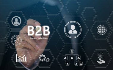 B2B, Business to Business konsepti, dijital dönüşüm ve rekabetçi pazar, organizasyon büyümesi, işbirliği ve girişim bağlantılarındaki kurumsal strateji için kurumsal büyümede yenilik