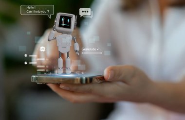 Yapay zeka sohbet robotu ve üretken akıllı sistem, robotik, derin öğrenme ağı, dijital asistan, makine öğrenme, algoritma, yenilik ve veri işleme ile Ai teknoloji kavramı