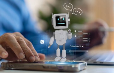Yapay zeka sohbet robotu ve üretken akıllı sistem, robotik, derin öğrenme ağı, dijital asistan, makine öğrenme, algoritma, yenilik ve veri işleme ile Ai teknoloji kavramı