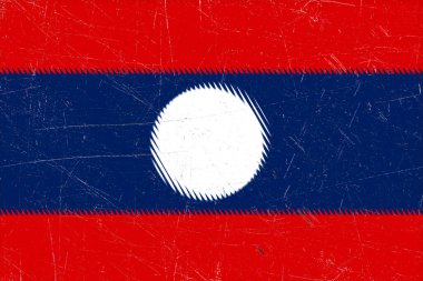 Kırmızı ve mavi bantlı sıkıntılı Laos bayrağı, beyaz bir daire, ve yıpranmış bir vintage etkisi tarih ve ulusal temsil hissi yaratıyor..