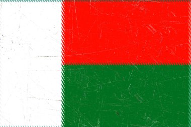 Sıkıntılı Madagaskar bayrağı çizimi, kırmızı, beyaz ve yeşil, eskimiş ve dokulu bir görünüş, tarih ve dayanıklılık hissi uyandırıyor..