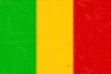 Canlı yeşil, sarı ve kırmızı çizgilerden oluşan sıkıntılı dikey üç renkli tasarım yıpranmış bir tarih ve canlı bir kültürel kimlik hissi veriyor..