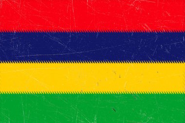 Mauritius 'un kırmızı, mavi, sarı ve yeşilin ulusal renklerini yatay şeritler ve vintage efektlerle tasvir eden desenli yüzeyi ile sıkıntılı bayrağı..