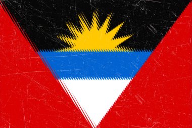 Sıkıntılı bir Antigua ve Barbuda bayrağı siyah, mavi, sarı, beyaz ve kırmızı renklerle gösteriliyor..