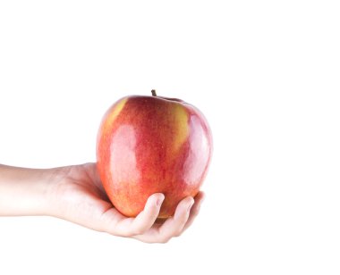 Çocuklar el beyaz arka plan üzerinde izole bir elma