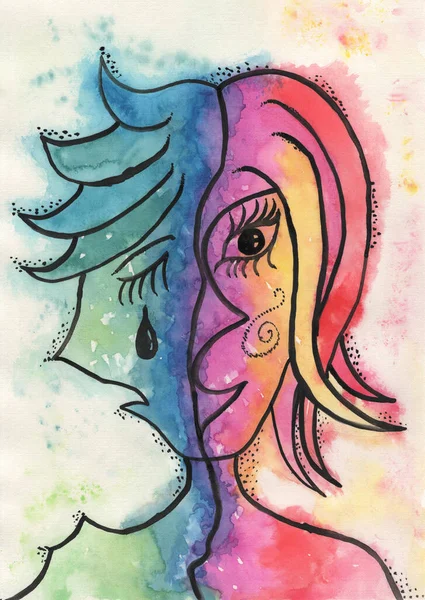Portret Aquarel Picasso Stijl Emoties Vrouw Vrolijk Verdrietig — Stockfoto