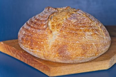 Bir somun taze ev yapımı ekmek. Ahşap tabakta, koyu mavi arka planda..