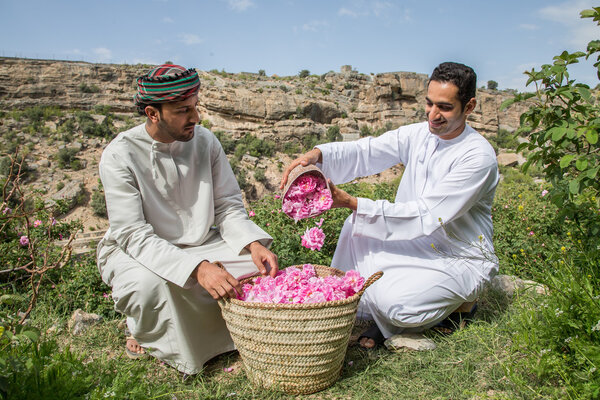 Omani men holding baskets of rose petals