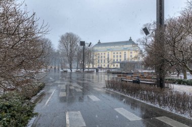 Tallinn, Estonya, 18 Mart 2021: Tallinn 'deki Tammsaare Parkı kar fırtınasında