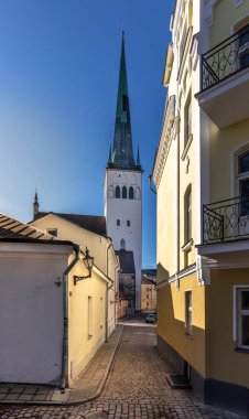 Tallinn, Estonya, 24 Mart 2021: Estonya 'daki Tallinn eski kasabasının güzel ortaçağ binaları