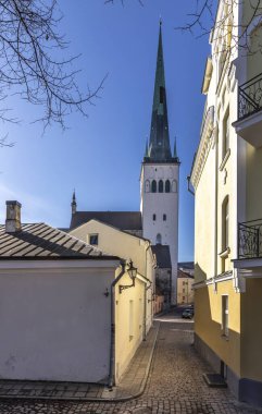 Tallinn, Estonya, 24 Mart 2021: Estonya 'daki Tallinn eski kasabasının güzel ortaçağ binaları