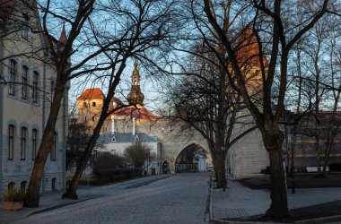 Tallinn, Estonya, 24 Mart 2021: Estonya 'daki Tallinn eski kasabasının güzel ortaçağ binaları