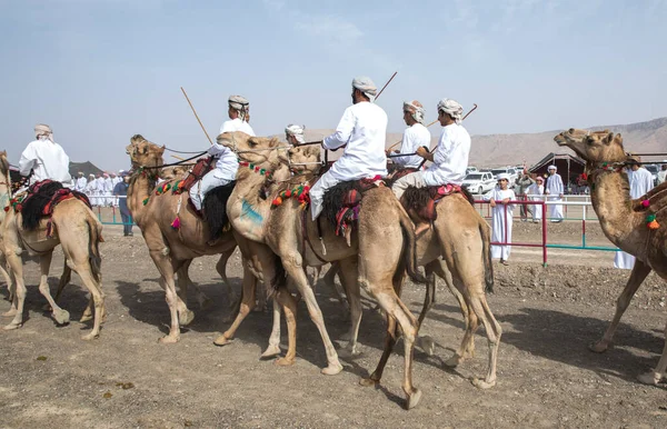 2018年4月28日 阿曼卡达尔 穿着传统服装骑骆驼的奥马尼男子 — 图库照片