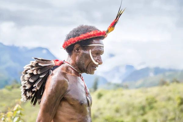 Wamena Zachodnia Papua Indonezja Lutego 2016 Człowiek Plemienia Dani Spacerujący — Zdjęcie stockowe