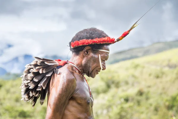 Wamena Zachodnia Papua Indonezja Lutego 2016 Człowiek Plemienia Dani Spacerujący — Zdjęcie stockowe