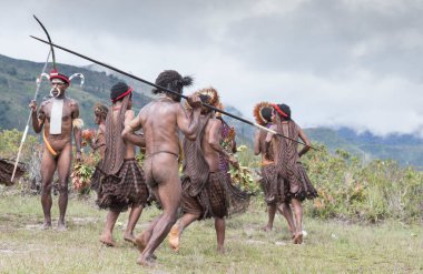 Baliem Vadisi, Batı Papua, Endonezya, 15 Şubat 2016: Baliem Vadisi 'nin dani kabilesi halkı geleneksel kıyafetleriyle
