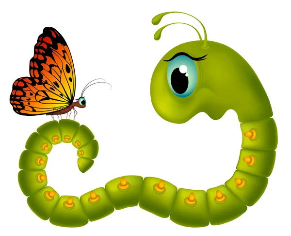 Vector caricatura óculos de lagarta olhando para uma borboleta em um fundo branco — Fotografia de Stock