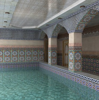 Doğu tarzı bir mozaik Yüzme havuzlu iç mekan 3D görselleştirme.