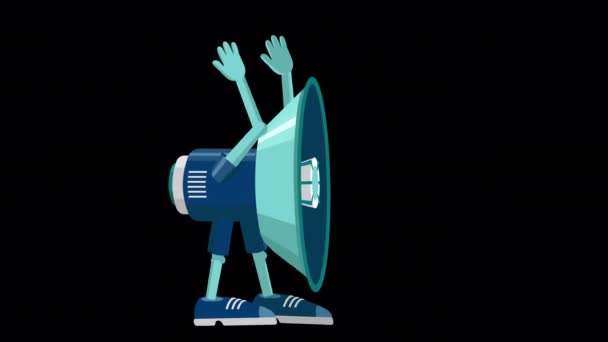Cartoon Grappige Megafoon Spreekt Zwaaiende Handen Gebaren Animatie Alfa Kanaal — Stockvideo