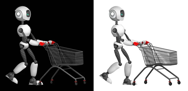 Humanoid Robot Med Kundvagn Isolerad Svart Och Vit Bakgrund Framtidskoncept — Stockfoto