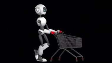 Alışveriş arabasıyla yürüyen insansı bir robot. Döngülü 2D animasyon. Alfa kanalı. Şeffaf arkaplanda izole.