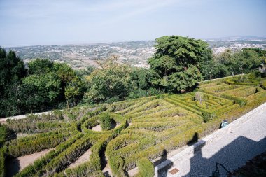 16 Ekim 2025 'te Portekiz' in Sintra, Lizbon Bölgesi yakınlarındaki tepelere ve kırsal kesimlere bakan ağaçlarla çevrili düzgünce budanmış bir çit labirentinin manzarası yükseldi..