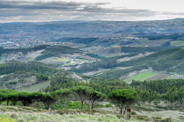 Geniş bir tarla ve orman vadisi yuvarlanan tepeler arasında yayılır. Alçak bulutlar uzak tepelerde asılı..