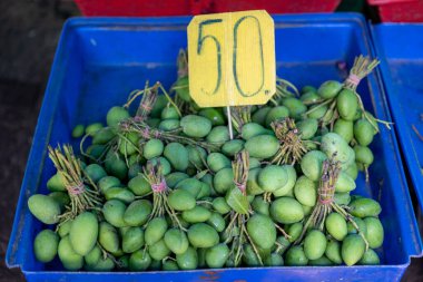Bangkok Tayland 16 Ocak 2026. Yeşil mangolar Khlong Toei 'deki marketin meyve tezgahında fiyat tabelasıyla birlikte bir tepside dizilmiş..