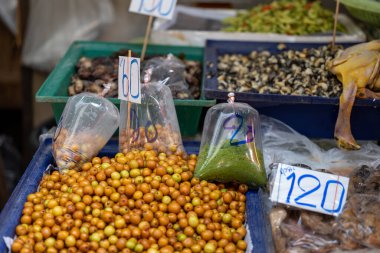 Bangkok Tayland 16 Ocak 2026. Khlong Toei pazarında tepsilerde ve plastik torbalarda sergilenen tropik meyve bitkileri ve yeşil toz..
