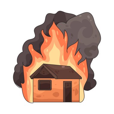 Yanan bir ev, bir yangın felaketini simgeleyen alevler içindeki bir yapıyı tasvir eder..