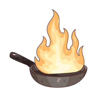 Yanan bir tavada aşırı ısınmış yağın neden olduğu alevlerle pişirme tavası görülüyor..