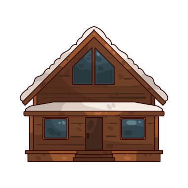 Kulübe, genellikle kayak merkezlerinde konaklamak için kullanılan küçük bir ahşap barınağı temsil eden bir resimdir..