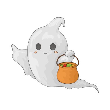 Hayalet elinde bir kova şekerle Cadılar Bayramı şekerlerini ürkütücü bir şekilde topluyor..