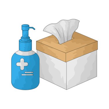 Bir kutu mendil ve dezenfektan temizlik ve enfeksiyon önleme için kullanılan hijyen malzemelerini temsil eder..