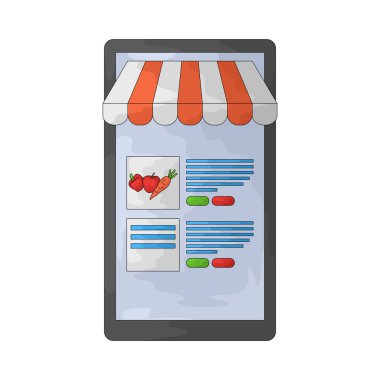 Akıllı telefondaki çevrimiçi alışveriş meyvesi ve sebze, mobil bir alışveriş platformu aracılığıyla taze ürün satın almayı temsil ediyor.