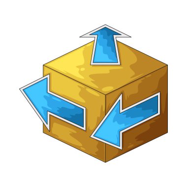 A cube with directional arrows represents movement, positioning, or transformation in multiple directions.